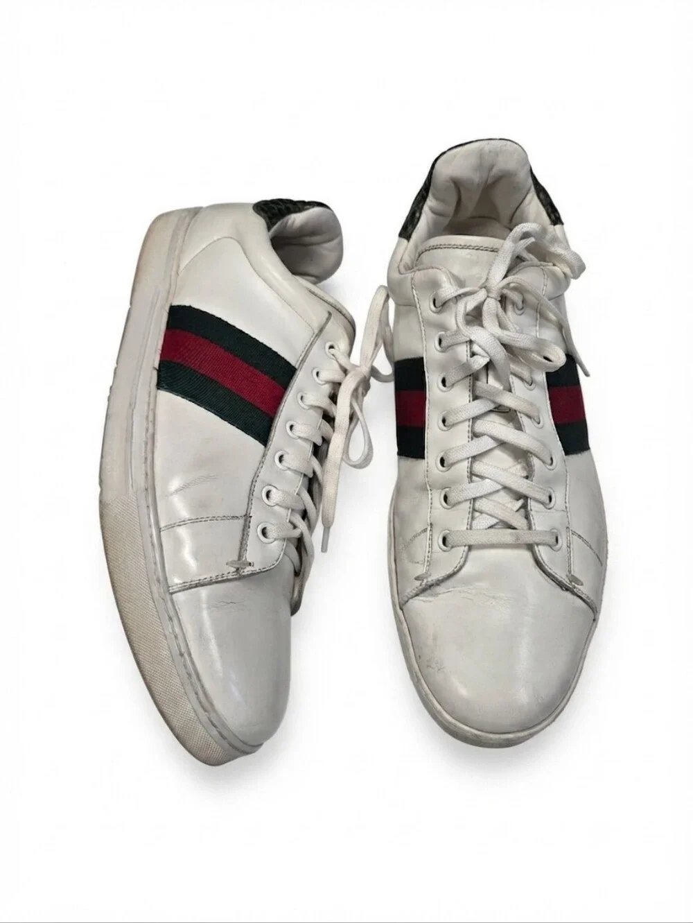 Men's Gucci Ace Low-Top Sneakers White Leather Green/Red Web & Croc Heel - Size